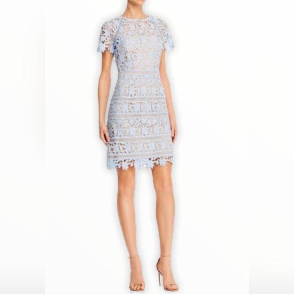 Eliza J Light Blue Crochet Lace Short Sleeve Wedding Guest Dress